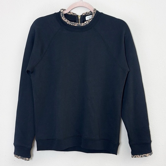 J. Crew Woven ruffleneck pullover sweatshirt in black w/cheetah leopard print S - Picture 1 of 9